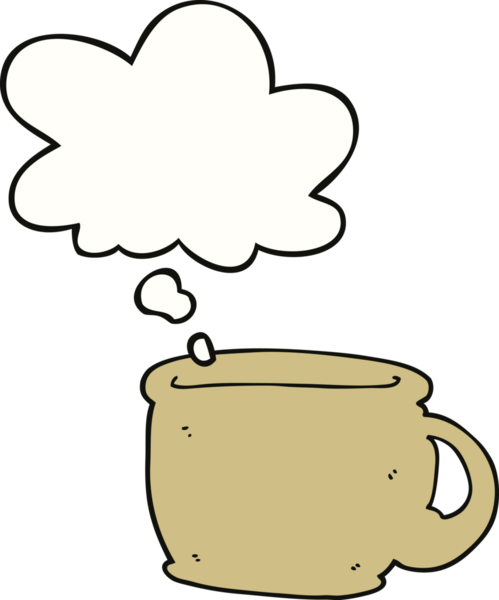 Bir insan tarafından çizilmiş düşünce baloncuklu kahve fincanı.