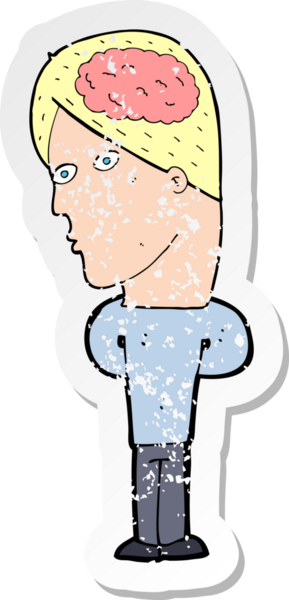 Bir insan tarafından çizilmiş büyük beyinli bir çizgi film karakterinin gerilemiş retro yapıştırması.