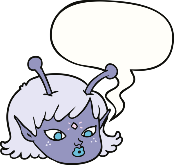 Bir insan tarafından çizilmiş konuşma balonlu uzaylı kız yüzü.