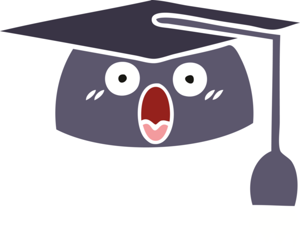 Bir insanın çizdiği mezuniyet şapkasının düz renkli retro karikatürü.