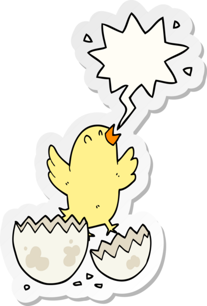 Bir insan tarafından çizilmiş konuşma kabarcığı çıkartmasıyla yumurtadan çıkan çizgi film kuşu.