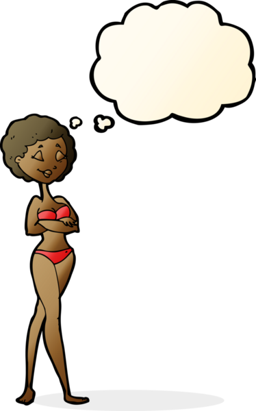 Bir insan tarafından çizilmiş düşünce baloncuklu bikinili retro kadın.