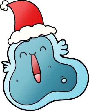 Bir insan tarafından çizilmiş Noel Baba şapkası giyen bir mikropun el çizimi karikatürü.