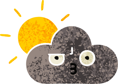 Bir insan tarafından çizilmiş fırtına bulutu ve güneşin retro çizim tarzı karikatürü.