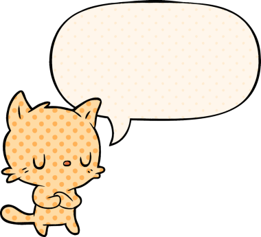 Bir insan tarafından çizilmiş çizgi roman tarzında konuşma balonu olan sevimli bir çizgi film kedisi.