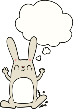 Bir insan tarafından çizilmiş düşünce kabarcığı olan çizgi film tavşanı.