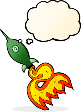 Bir insan tarafından çizilmiş düşünce baloncuklu uzay roketi.