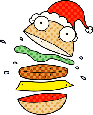 Bir insan tarafından çizilmiş Noel Baba şapkası giymiş harika bir burgerin el çizimi çizgi roman çizimi.