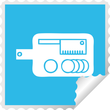 Bir insan tarafından çizilmiş et doğrama tahtasının kare soyma etiketi.