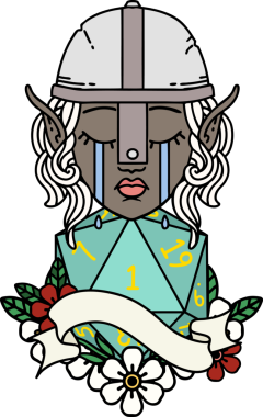 Retro Dövme Tarzı Ağlayan Elf Savaşçısı karakteri yüzü ve bir insan tarafından çizilmiş D20 rulosu.