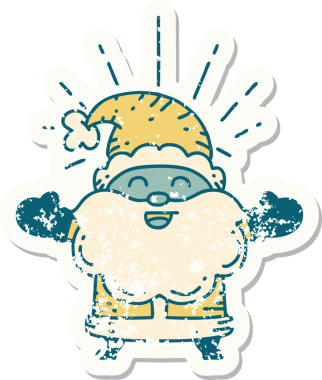 Dövme stili eski bir çıkartma. Mutlu Noel Baba karakteri. Bir insan tarafından çizilmiş.