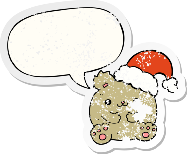 Güzel bir çizgi film Noel ayısı. Konuşma baloncuğu, bir insan tarafından çizilmiş sıkıntılı eski bir çıkartma.