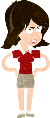 Bir insan tarafından çizilmiş, elleri kalçasında, rahatsız bir kadın çizgi filmi.