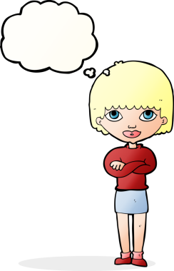 Bir insan tarafından çizilmiş düşünce balonuyla kollarını kavuşturmuş çizgi film kadını.