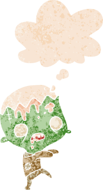 Grunge 'da düşünce baloncuğu olan çizgi film zombisi bir insan tarafından çizilmiş dertli retro tarzı.