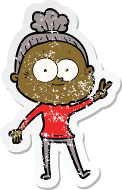 Bir insan tarafından çizilmiş mutlu, yaşlı bir kadının sıkıntılı çıkartması.