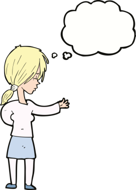 Bir insan tarafından çizilmiş düşünce balonuyla hareket eden karikatür kadın.