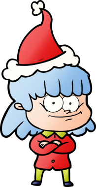 Bir insan tarafından çizilmiş Noel Baba şapkası giymiş gülümseyen bir kadının el çizimi karikatürü.