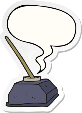 bir insan tarafından çizilmiş eski bir mürekkep kutusu ve konuşma kabarcığı etiketli bir kalem.