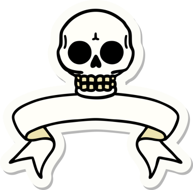 Bir insan tarafından çizilmiş kafatasının pankartıyla dövme stili etiketi