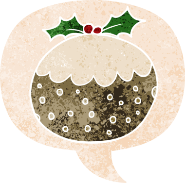 bir insan tarafından çizilmiş, grunge dertli retro stili ile konuşma baloncuklu noel pudingi.