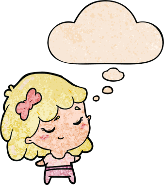 Bir insan tarafından çizilmiş grunge desenli düşünce baloncuğu olan çizgi film kızı.