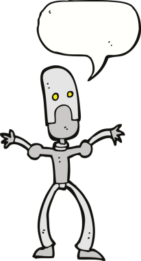 Bir insan tarafından çizilmiş konuşma balonlu komik robot.