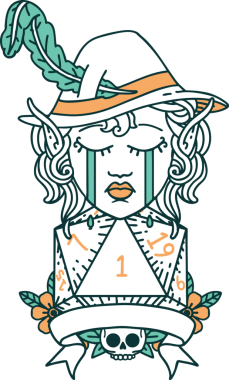 Retro Dövme Tarzı Ağlayan Elf Ozan Karakteri Bir insan tarafından çizilmiş doğal D20 rulo