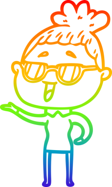 Bir insan tarafından çizilmiş gözlük takan mutlu bir kadının çizgi çizimi.