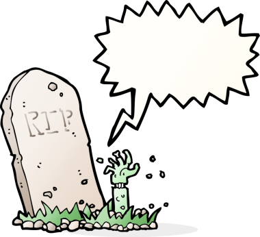 Bir insan tarafından çizilmiş konuşma baloncuğuyla mezardan yükselen bir zombi çizgi filmi.