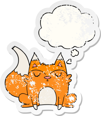 Düşünce baloncuğu olan çizgi film tilkisi insan tarafından çizilmiş yıpranmış bir çıkartma.