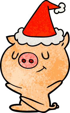 Mutlu el çizimi bir insan tarafından çizilmiş Noel Baba şapkası takan bir domuzun çizgi filmi.