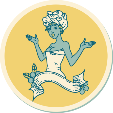 Geleneksel stil dövme çıkartması. Havlulu bir kız. Afişi insan tarafından çizilmiş.