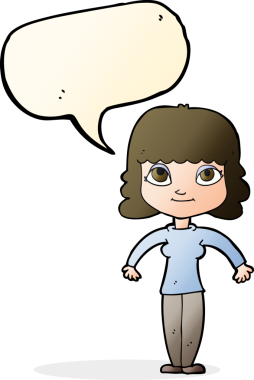 Bir insan tarafından çizilmiş konuşma baloncuğuyla omuz silken çizgi film kadını.