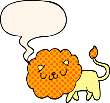 Bir insan tarafından çizilmiş çizgi roman tarzında konuşma baloncuğu olan çizgi film aslanı.