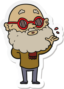 Bir insan tarafından çizilmiş sakallı ve güneş gözlüklü tuhaf bir adamın çıkartması.