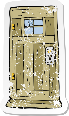 Bir insan tarafından çizilmiş eski ahşap kapılı karikatür çıkartması.