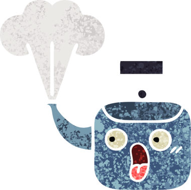 Bir insan tarafından çizilen dumanı tüten bir çaydanlığın retro çizim tarzı karikatürü