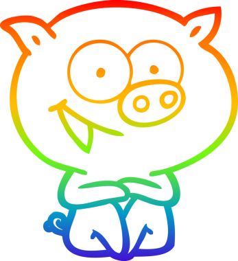 Gökkuşağı gradyan çizimi neşeli oturan domuz çizgi filmi bir insan tarafından çizildi