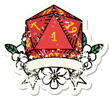 Bir insan tarafından çizilmiş doğal bir d20 zarının grunge çıkartması.