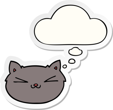 Mutlu çizgi film kedisi. Düşünce baloncuğu insan tarafından çizilmiş bir çıkartma.