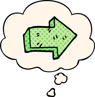 Bir insan tarafından çizilmiş çizgi roman tarzında düşünce baloncuklu ok gösteren çizgi film.