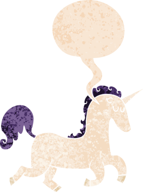 grunge 'da konuşma baloncuğu olan çizgi film tek boynuzlu atı bir insan tarafından çizilmiş tedirgin edilmiş eski tarz.