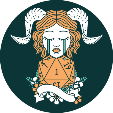 Ağlama ikonu, bir insan tarafından çizilmiş doğal bir D20 rulosuyla bağlanıyor.