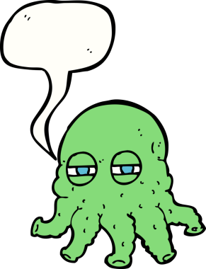 Bir insan tarafından çizilmiş konuşma baloncuklu uzaylı yüzü.