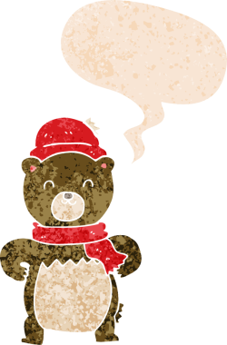 Bir insan tarafından çizilmiş grunge sıkıntılı retro biçimli konuşma baloncuğu ile sevimli çizgi film ayısı