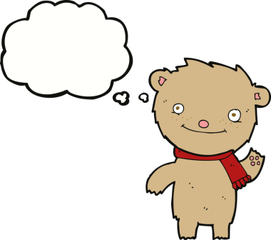 Bir insan tarafından çizilmiş düşünce baloncuklu şirin oyuncak ayı.