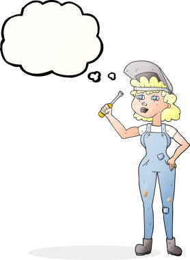 Bir insan tarafından çizilmiş serbest çizim balon karikatür kadın tamirci.