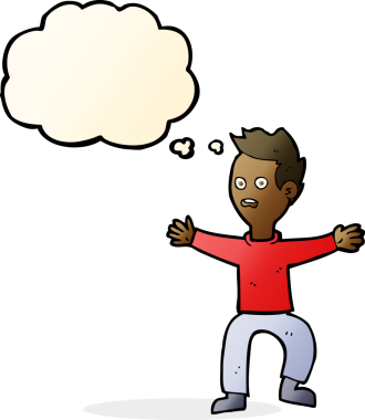 Bir insan tarafından çizilen düşünce baloncuğuyla panikleyen çizgi film adamı.