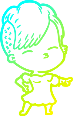 Bir çizgi film karakteri çizen, gözlerini kısarak bakan bir kız bir insan tarafından çizilmiş.